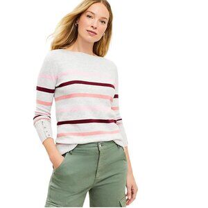 Loft Striped Boat Neck Tunic Sweater Sleeve Button Detail Ribbed Hems Size M